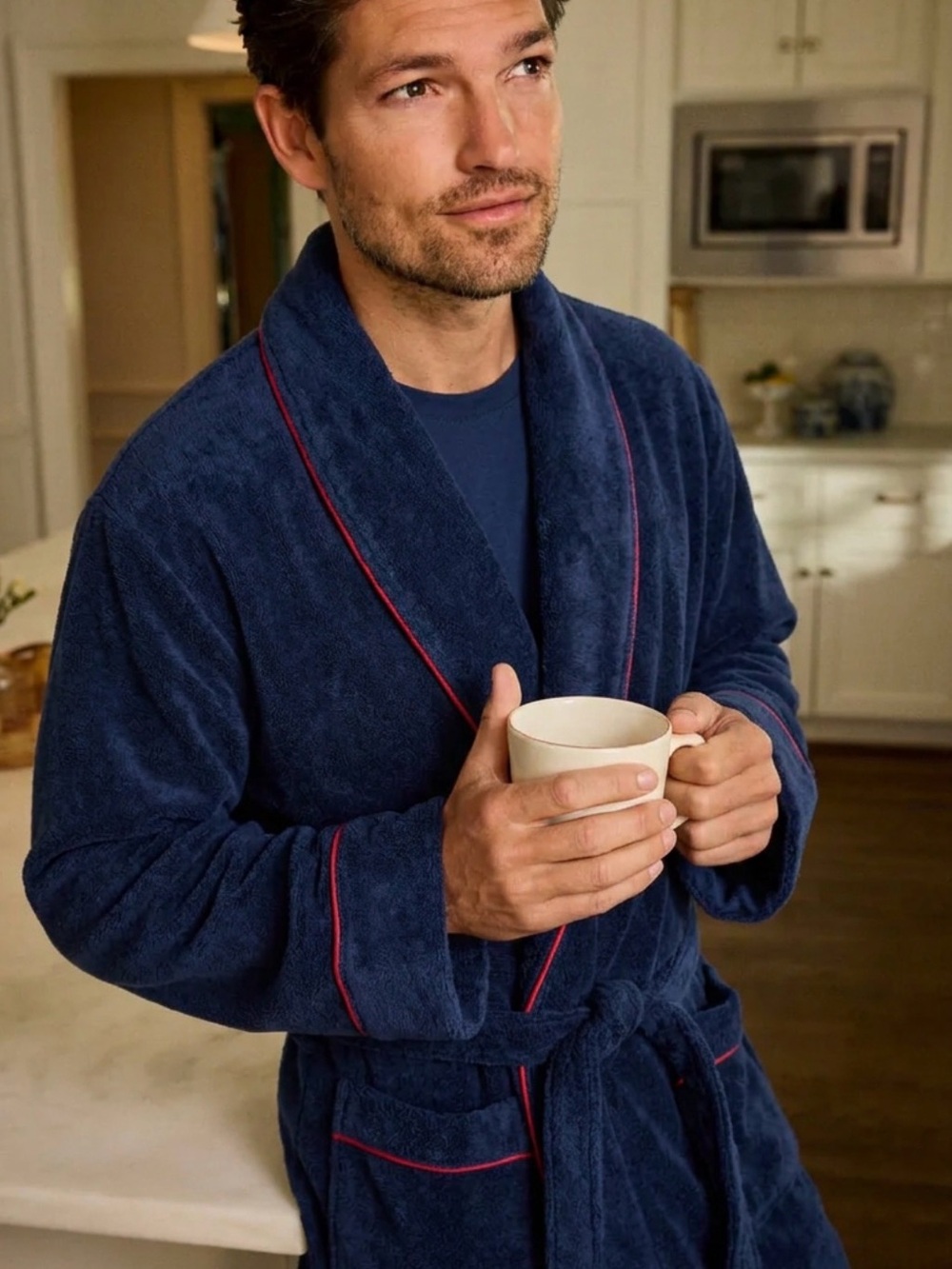 The Vermont Country Store Men's 2X Regular Blue Fleece Robe Belted Tie Solid
